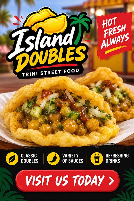 Exemple de publicité plein écran pour Island Doubles, street food trinidadienne, avec un bouton Visit Us Today